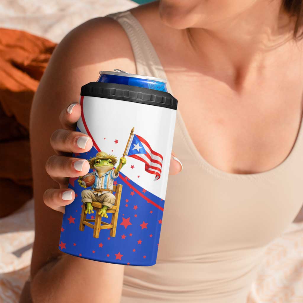 Puerto Rico Coquí Frog Football Fan 4 in 1 Can Cooler Tumbler Whimsical Cartoon Style with Patriotic Elements