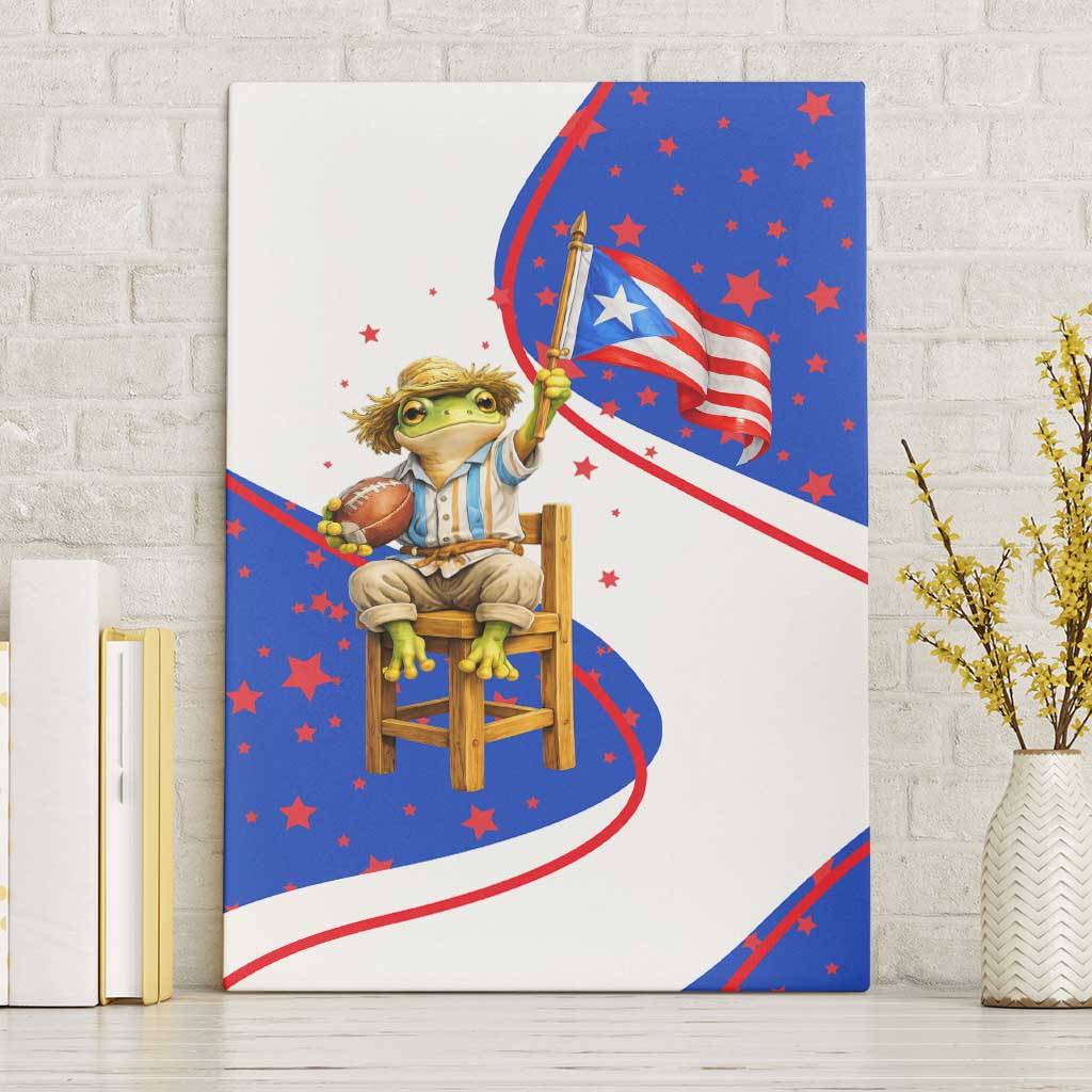 Puerto Rico Coquí Frog Football Fan Canvas Wall Art Whimsical Cartoon Style with Patriotic Elements