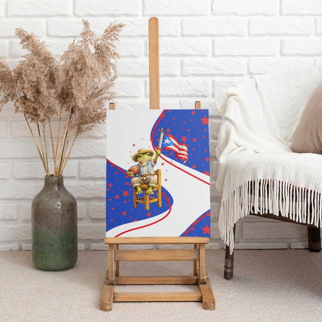 Puerto Rico Coquí Frog Football Fan Canvas Wall Art Whimsical Cartoon Style with Patriotic Elements