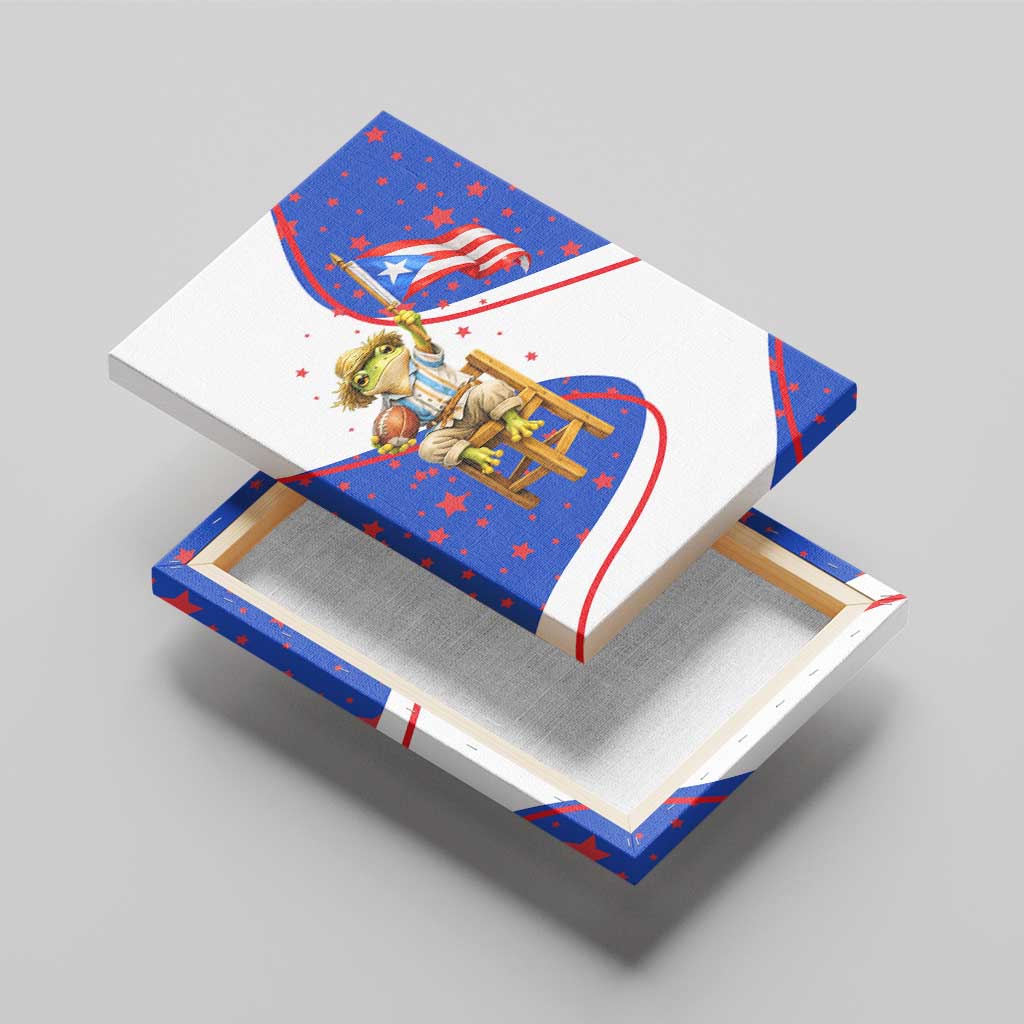 Puerto Rico Coquí Frog Football Fan Canvas Wall Art Whimsical Cartoon Style with Patriotic Elements