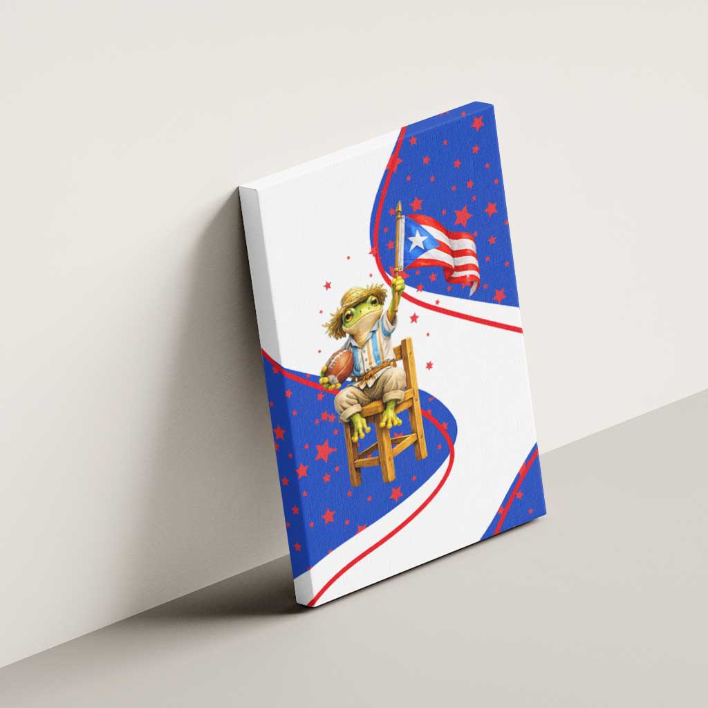 Puerto Rico Coquí Frog Football Fan Canvas Wall Art Whimsical Cartoon Style with Patriotic Elements