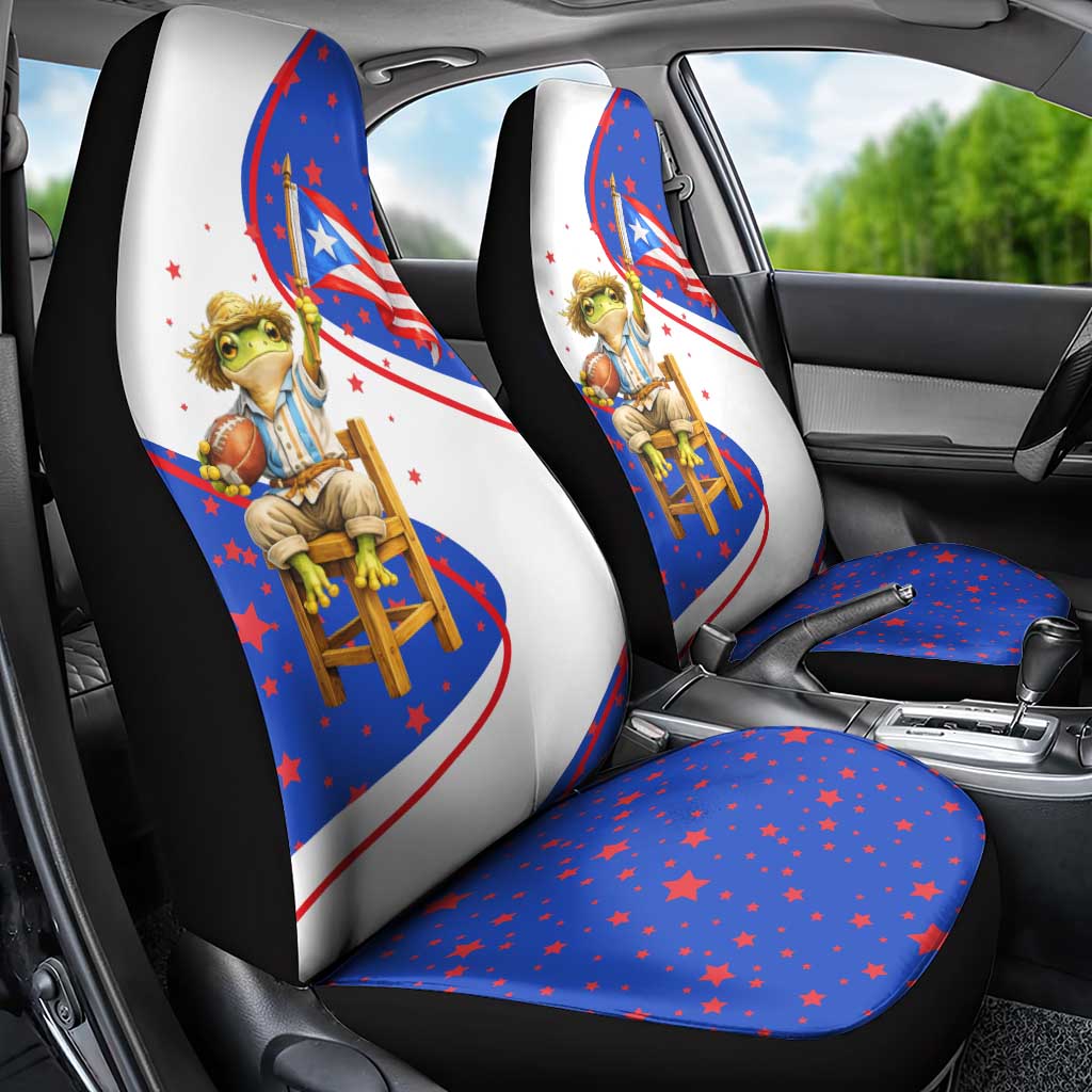 Puerto Rico Coquí Frog Football Fan Car Seat Cover Whimsical Cartoon Style with Patriotic Elements