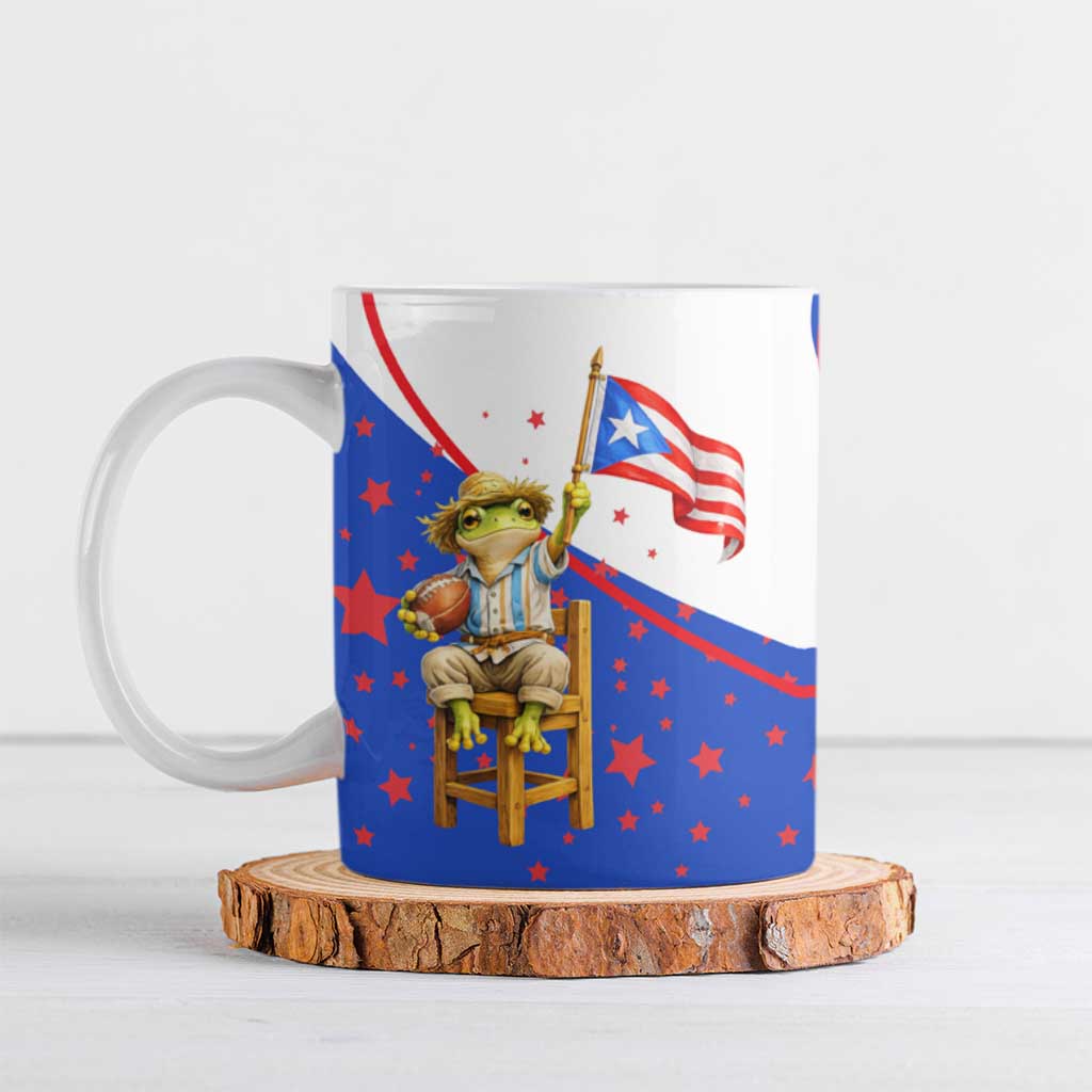 Puerto Rico Coquí Frog Football Fan Ceramic Mug Whimsical Cartoon Style with Patriotic Elements