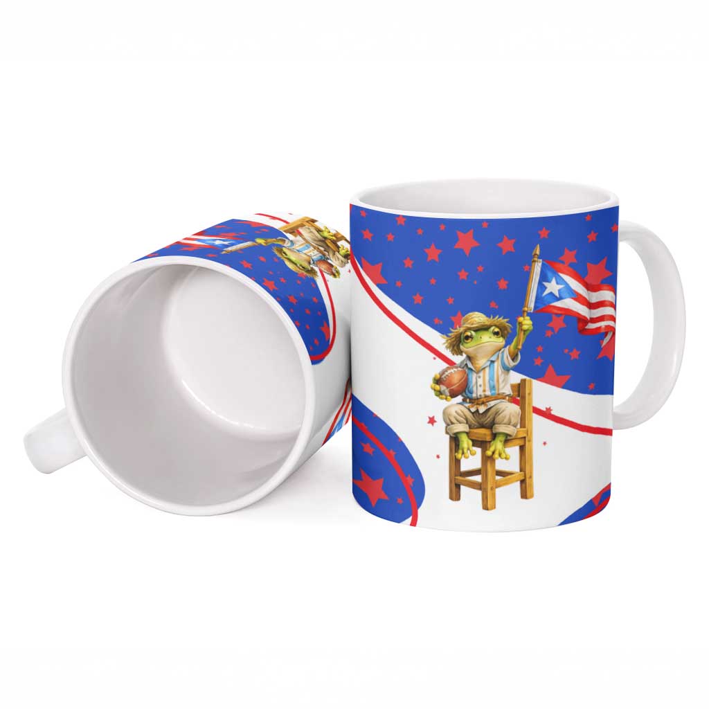 Puerto Rico Coquí Frog Football Fan Ceramic Mug Whimsical Cartoon Style with Patriotic Elements