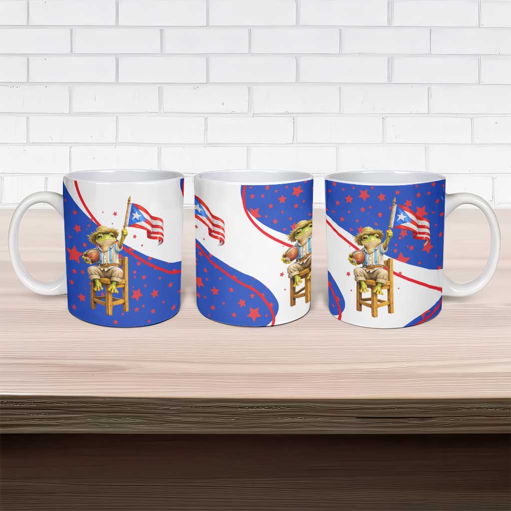 Puerto Rico Coquí Frog Football Fan Ceramic Mug Whimsical Cartoon Style with Patriotic Elements