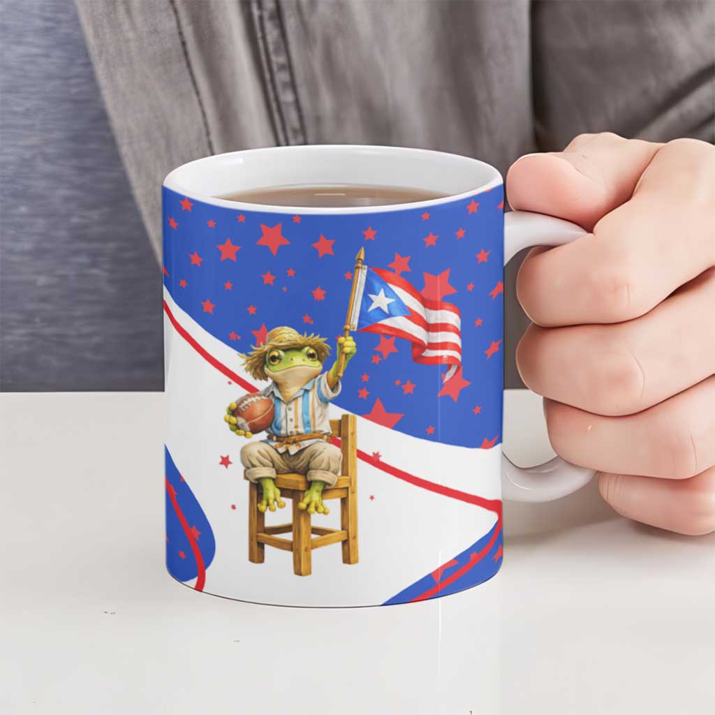 Puerto Rico Coquí Frog Football Fan Ceramic Mug Whimsical Cartoon Style with Patriotic Elements