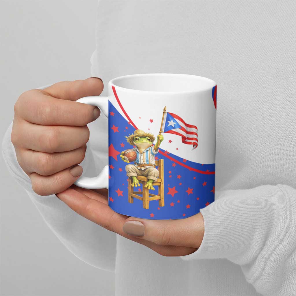 Puerto Rico Coquí Frog Football Fan Ceramic Mug Whimsical Cartoon Style with Patriotic Elements