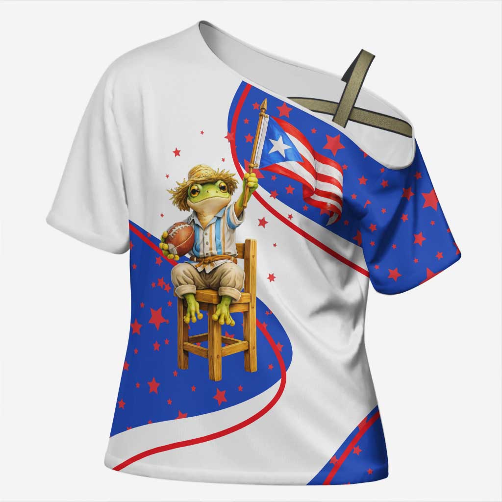 Puerto Rico Coquí Frog Football Fan Cross Shoulder Shirt Whimsical Cartoon Style with Patriotic Elements