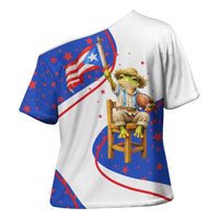 Puerto Rico Coquí Frog Football Fan Cross Shoulder Shirt Whimsical Cartoon Style with Patriotic Elements