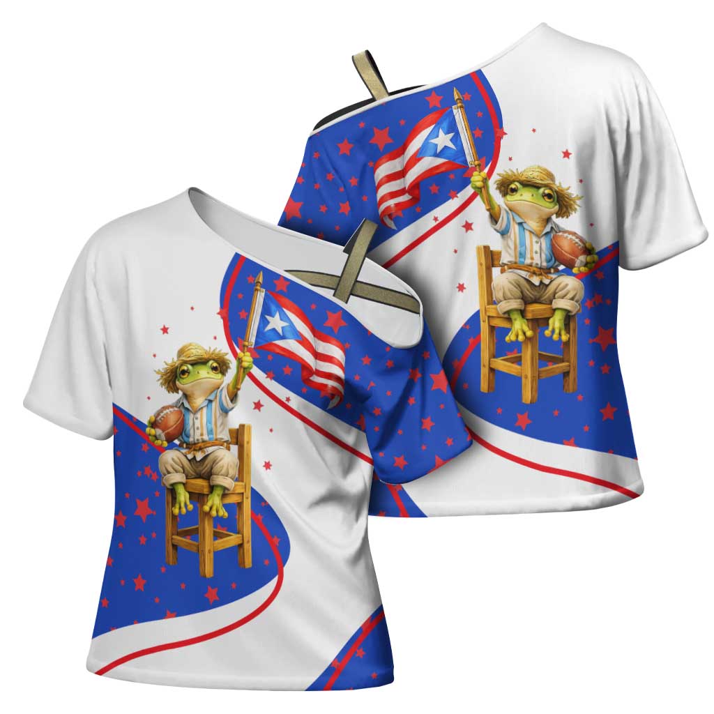 Puerto Rico Coquí Frog Football Fan Cross Shoulder Shirt Whimsical Cartoon Style with Patriotic Elements