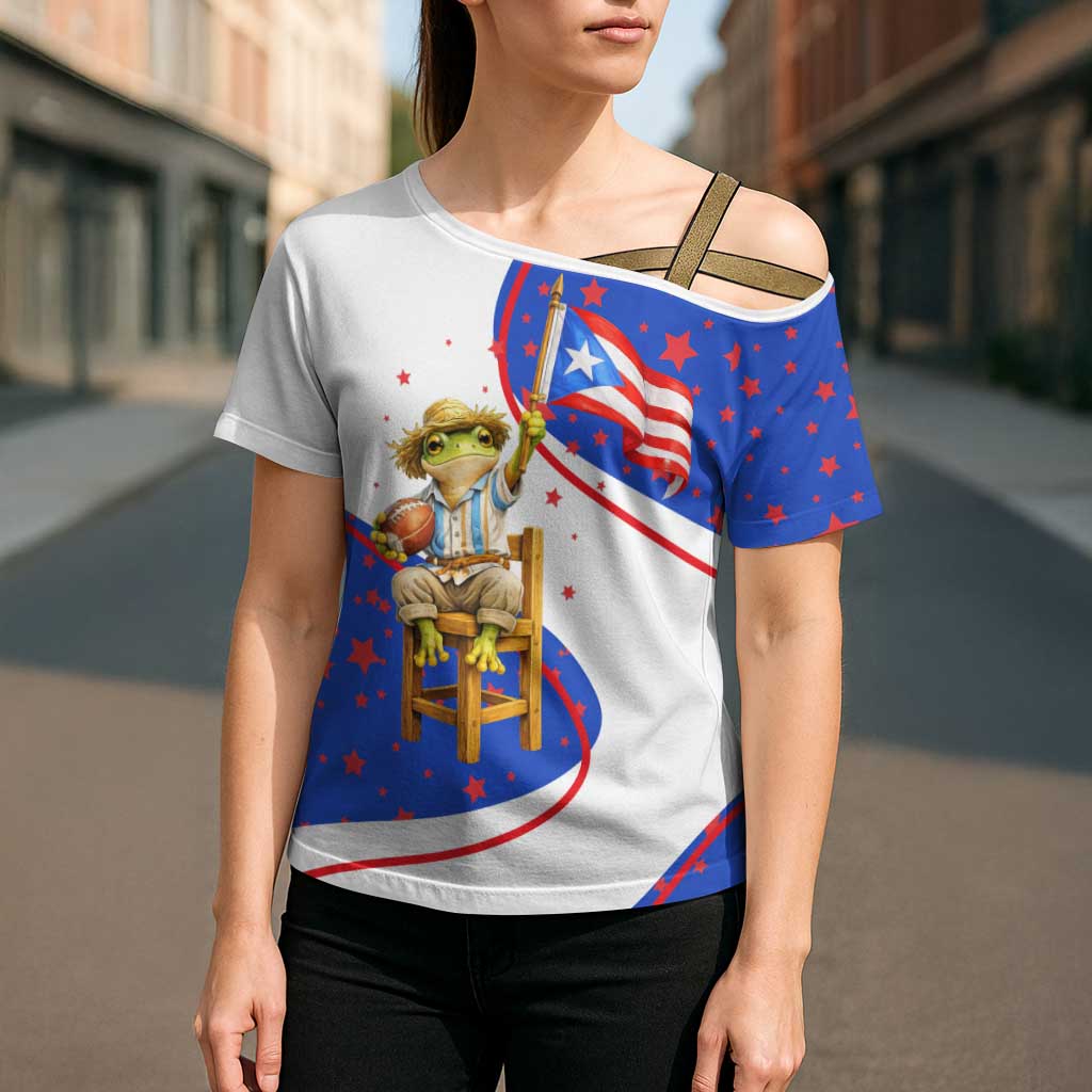 Puerto Rico Coquí Frog Football Fan Cross Shoulder Shirt Whimsical Cartoon Style with Patriotic Elements