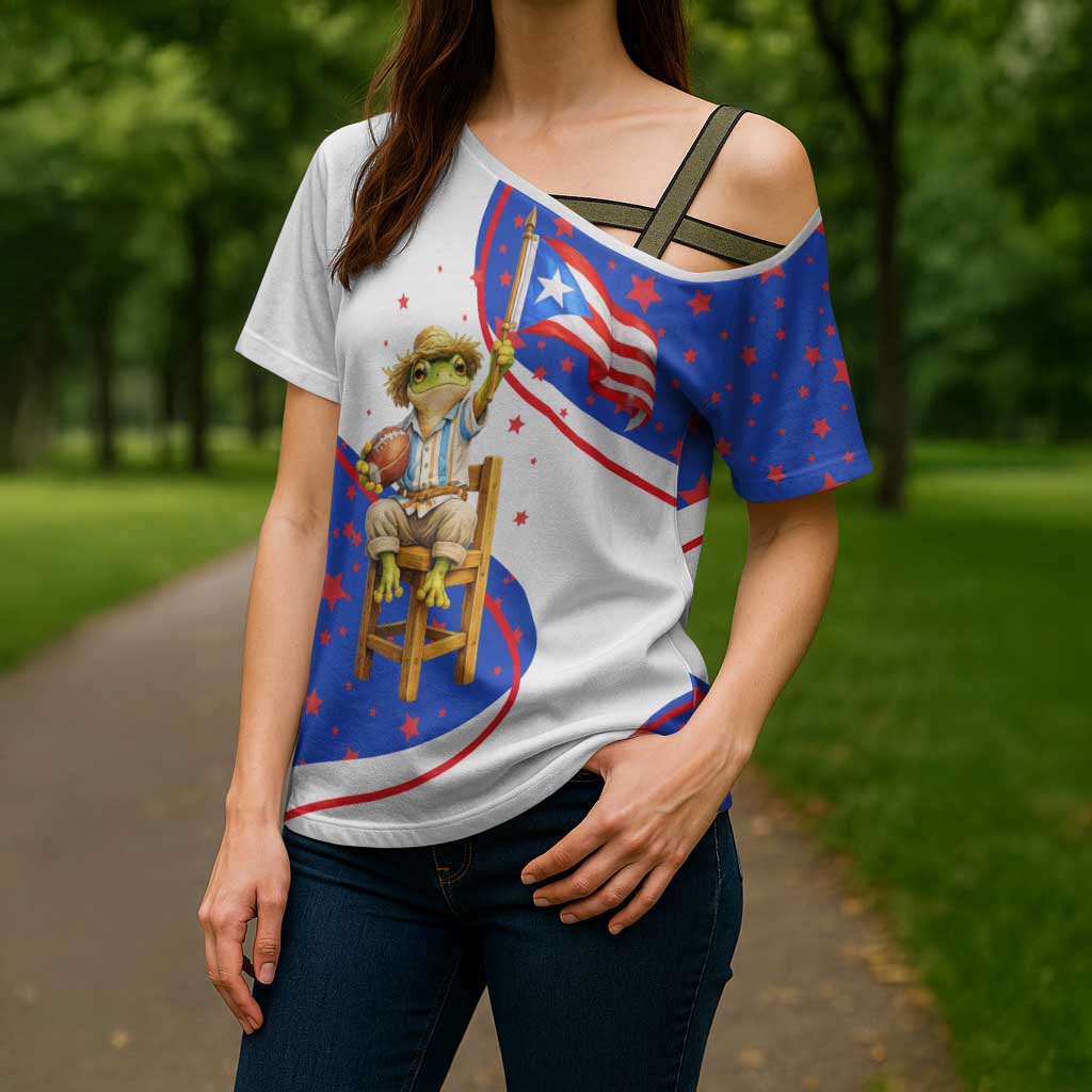 Puerto Rico Coquí Frog Football Fan Cross Shoulder Shirt Whimsical Cartoon Style with Patriotic Elements