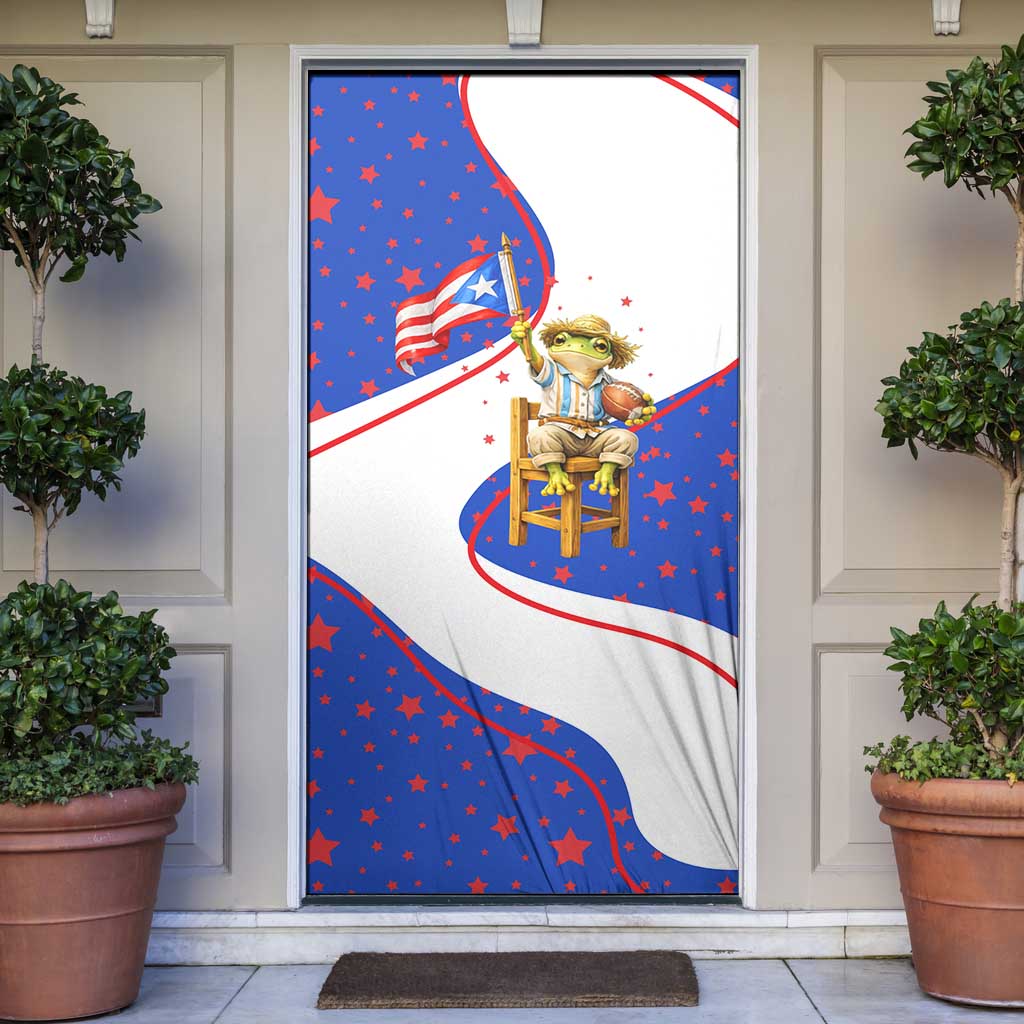 Puerto Rico Coquí Frog Football Fan Door Cover Whimsical Cartoon Style with Patriotic Elements