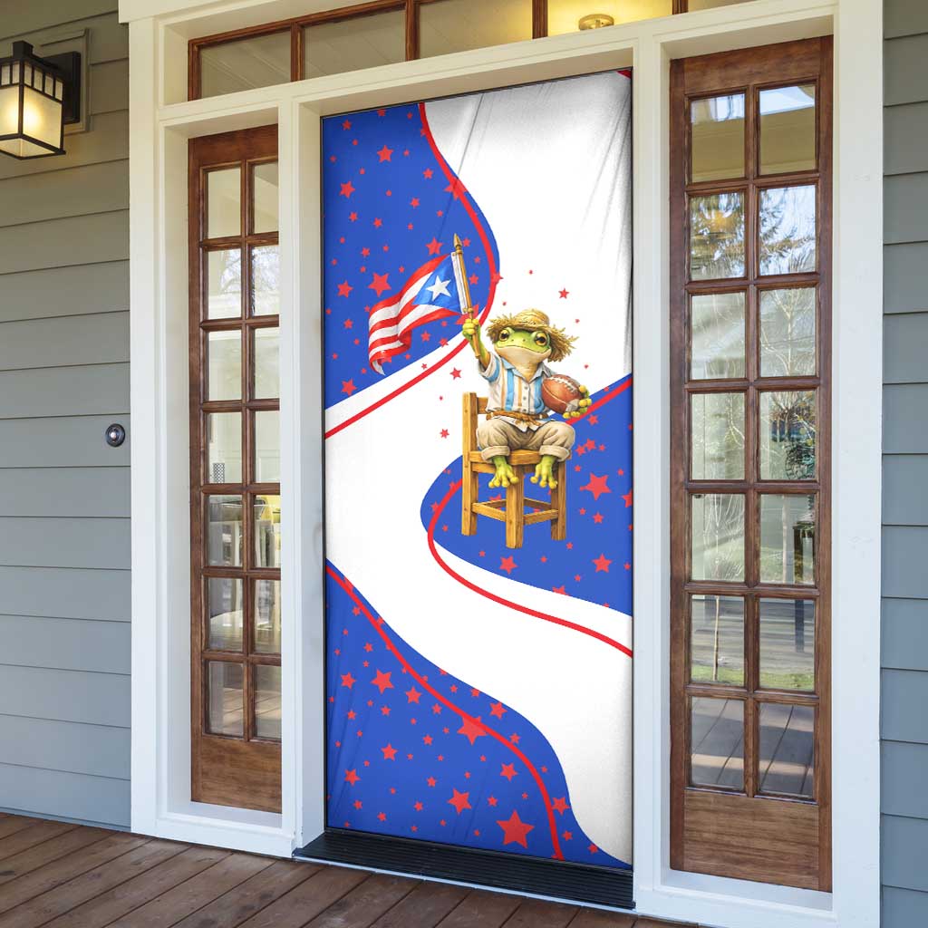 Puerto Rico Coquí Frog Football Fan Door Cover Whimsical Cartoon Style with Patriotic Elements