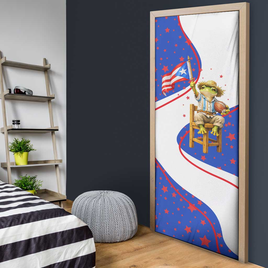 Puerto Rico Coquí Frog Football Fan Door Cover Whimsical Cartoon Style with Patriotic Elements