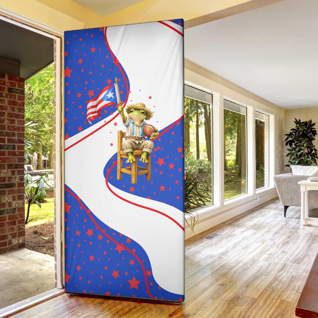 Puerto Rico Coquí Frog Football Fan Door Cover Whimsical Cartoon Style with Patriotic Elements