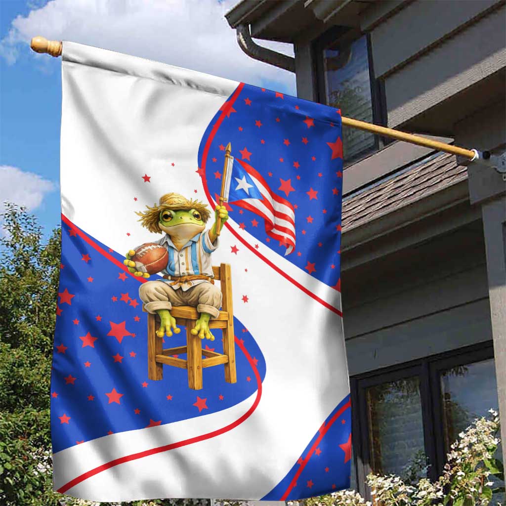 Puerto Rico Coquí Frog Football Fan Garden Flag Whimsical Cartoon Style with Patriotic Elements