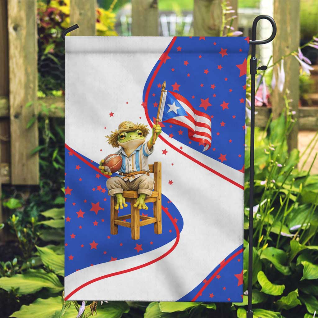 Puerto Rico Coquí Frog Football Fan Garden Flag Whimsical Cartoon Style with Patriotic Elements