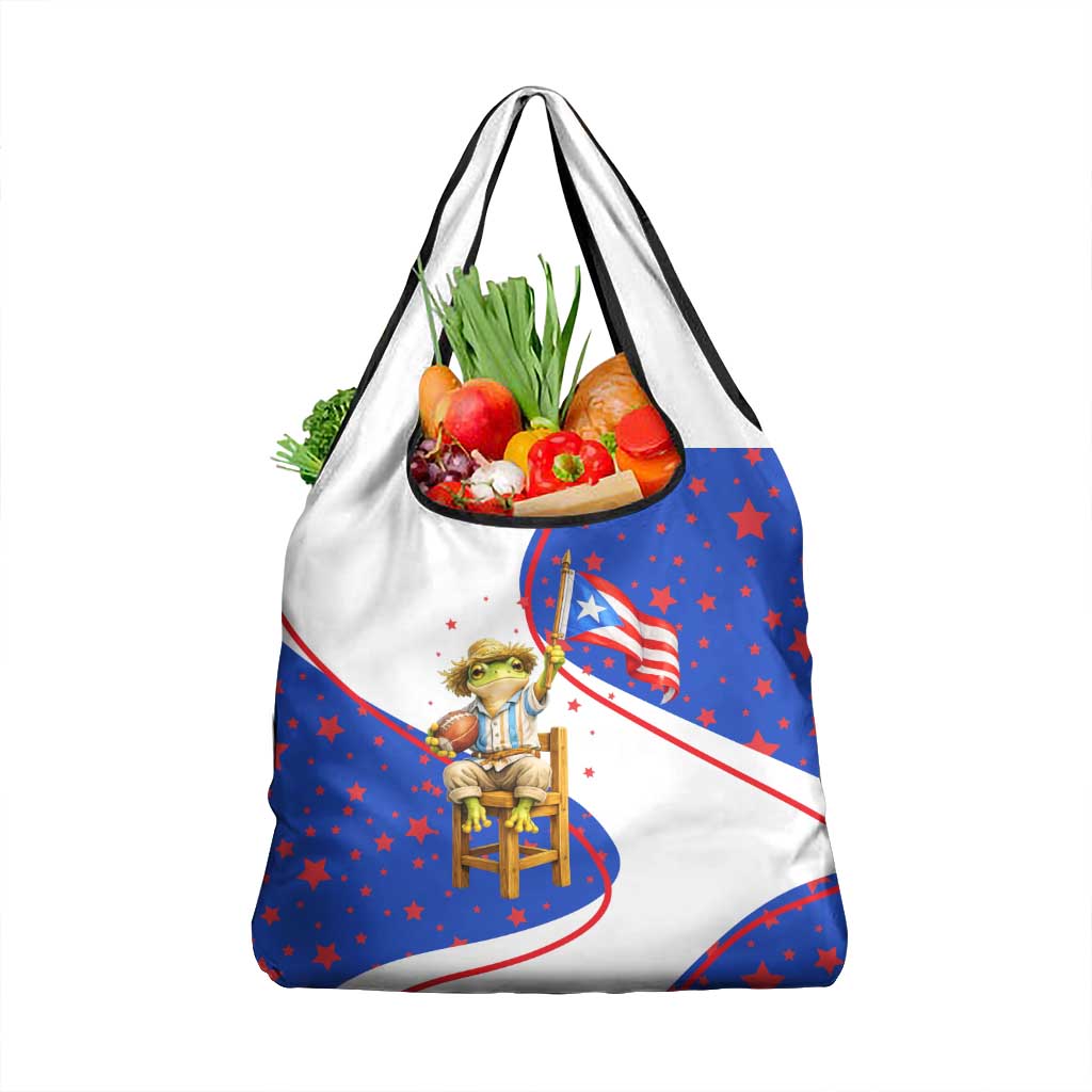 Puerto Rico Coquí Frog Football Fan Grocery Bag Whimsical Cartoon Style with Patriotic Elements