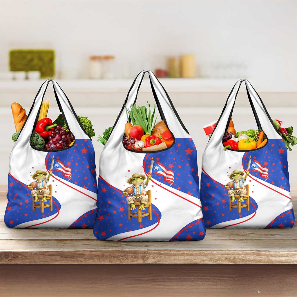 Puerto Rico Coquí Frog Football Fan Grocery Bag Whimsical Cartoon Style with Patriotic Elements
