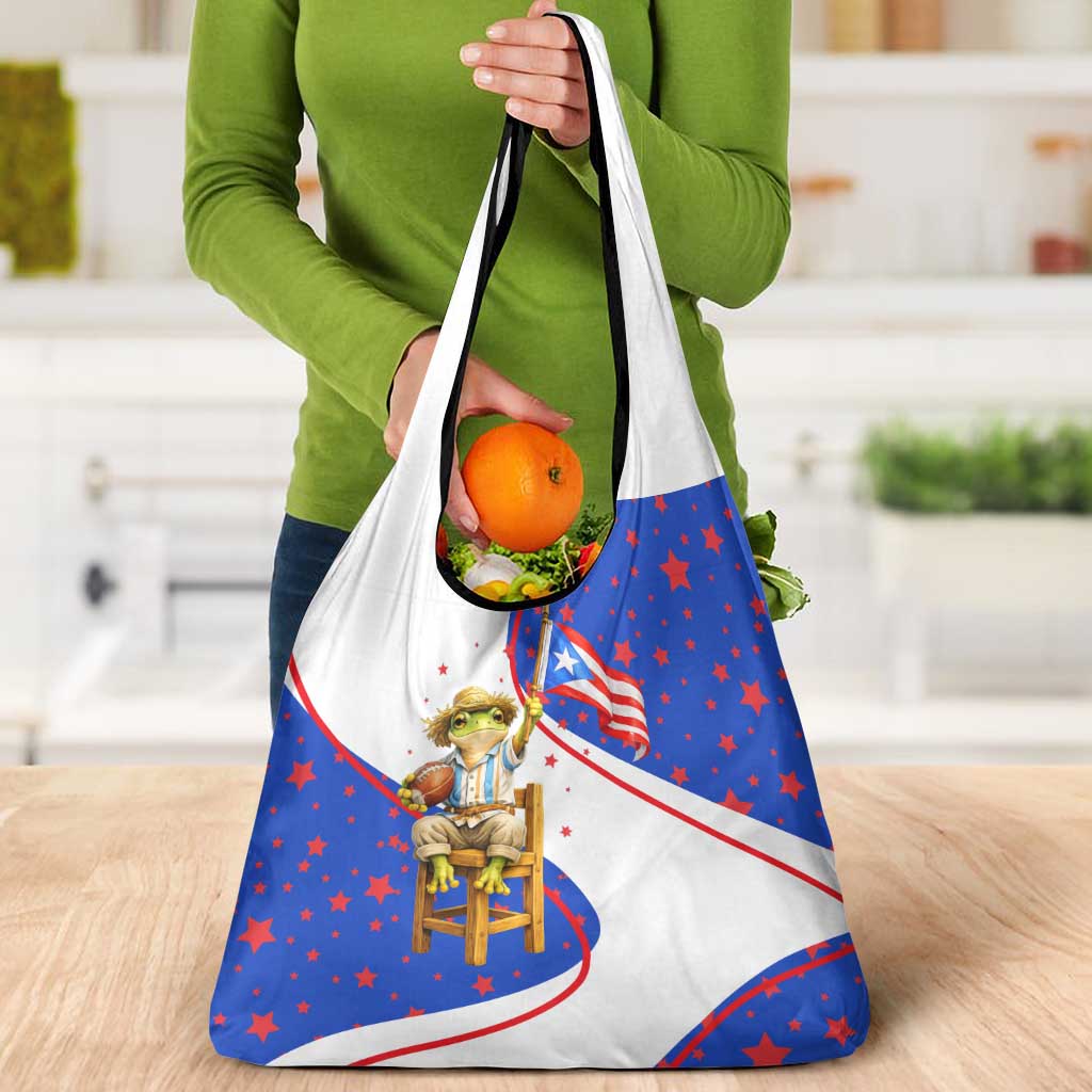 Puerto Rico Coquí Frog Football Fan Grocery Bag Whimsical Cartoon Style with Patriotic Elements