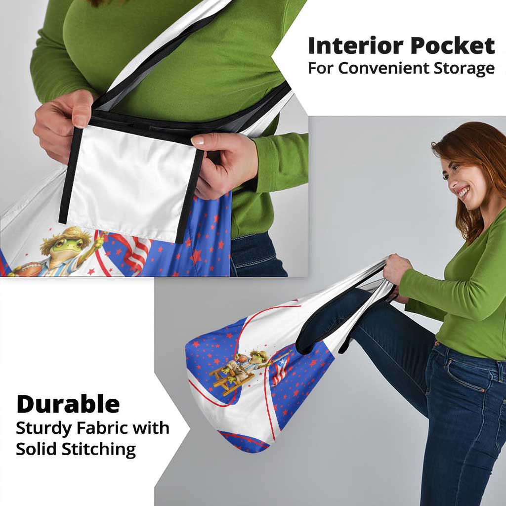 Puerto Rico Coquí Frog Football Fan Grocery Bag Whimsical Cartoon Style with Patriotic Elements