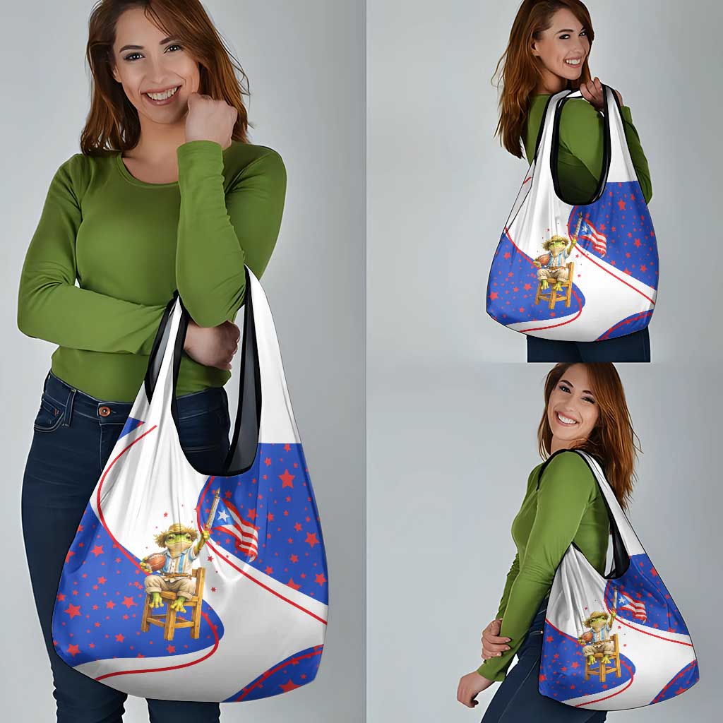 Puerto Rico Coquí Frog Football Fan Grocery Bag Whimsical Cartoon Style with Patriotic Elements
