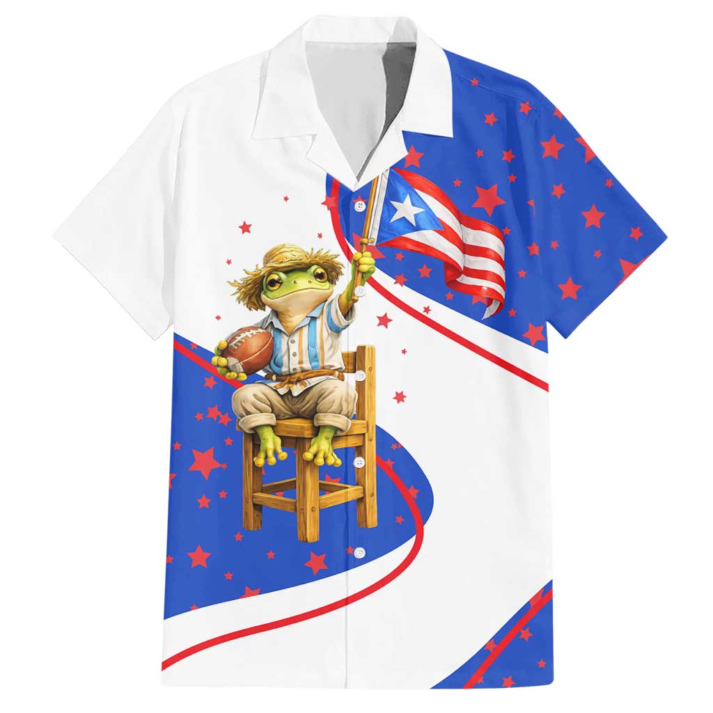 Puerto Rico Coquí Frog Football Fan Hawaiian Shirt Whimsical Cartoon Style with Patriotic Elements