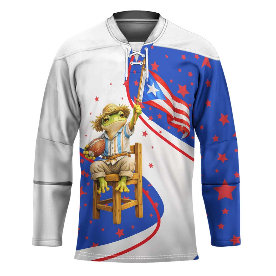 Puerto Rico Coquí Frog Football Fan Hockey Jersey Whimsical Cartoon Style with Patriotic Elements