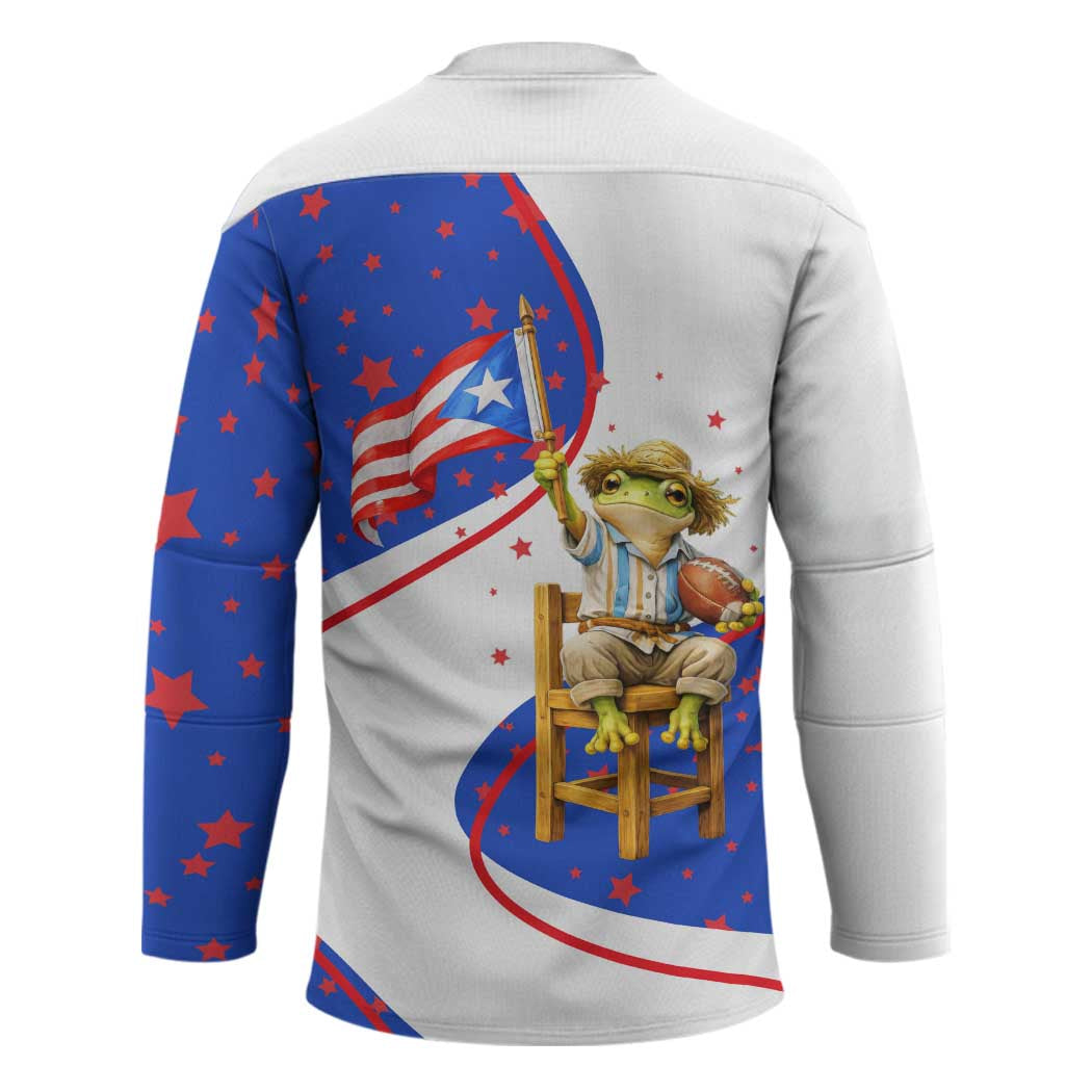 Puerto Rico Coquí Frog Football Fan Hockey Jersey Whimsical Cartoon Style with Patriotic Elements