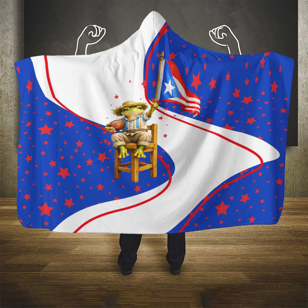 Puerto Rico Coquí Frog Football Fan Hooded Blanket Whimsical Cartoon Style with Patriotic Elements