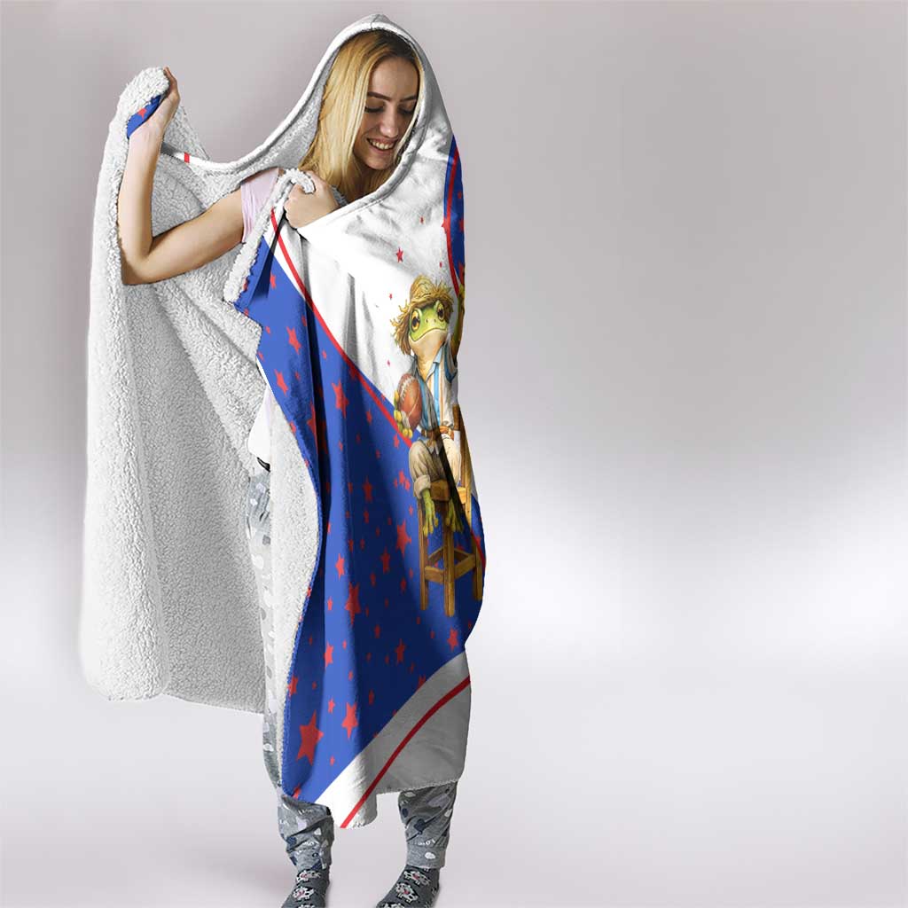Puerto Rico Coquí Frog Football Fan Hooded Blanket Whimsical Cartoon Style with Patriotic Elements
