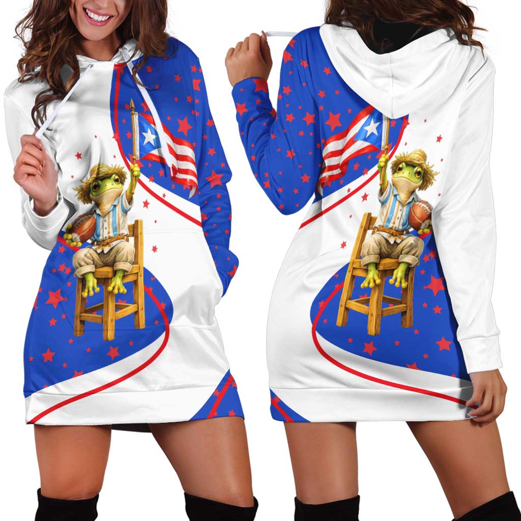 Puerto Rico Coquí Frog Football Fan Hoodie Dress Whimsical Cartoon Style with Patriotic Elements