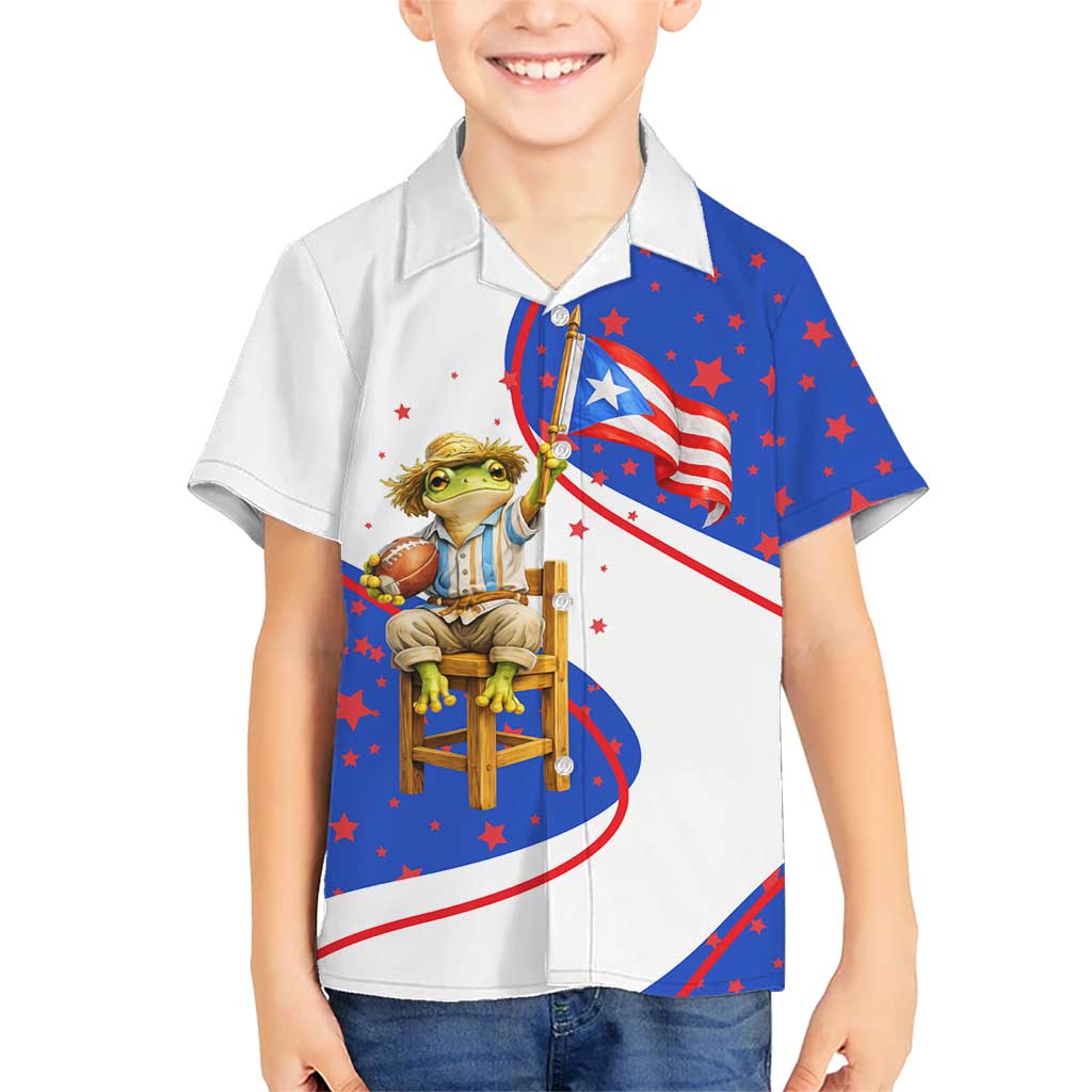 Puerto Rico Coquí Frog Football Fan Kid Hawaiian Shirt Whimsical Cartoon Style with Patriotic Elements