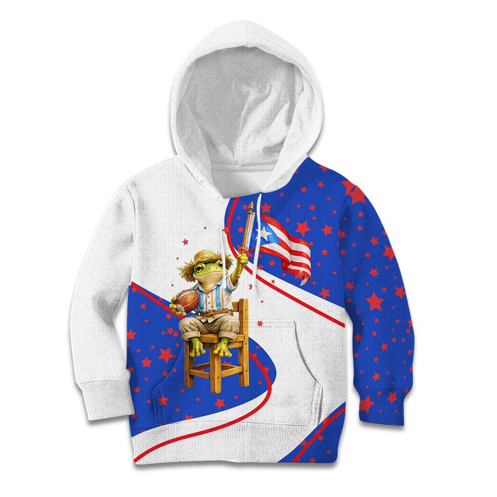 Puerto Rico Coquí Frog Football Fan Kid Hoodie Whimsical Cartoon Style with Patriotic Elements