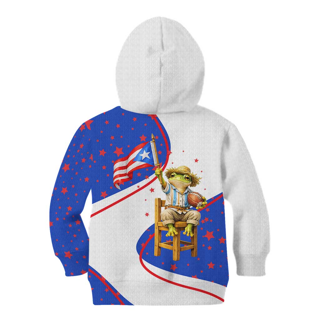Puerto Rico Coquí Frog Football Fan Kid Hoodie Whimsical Cartoon Style with Patriotic Elements