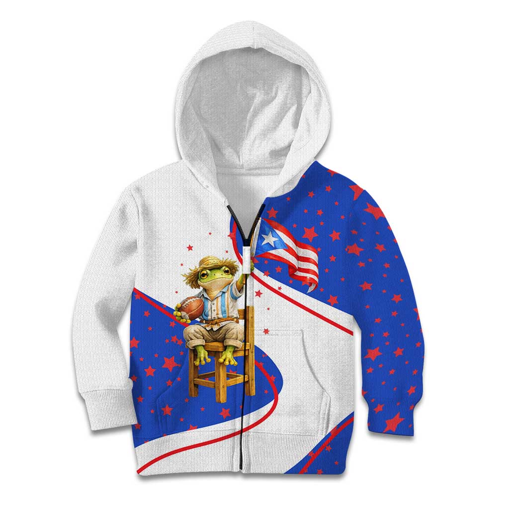 Puerto Rico Coquí Frog Football Fan Kid Hoodie Whimsical Cartoon Style with Patriotic Elements