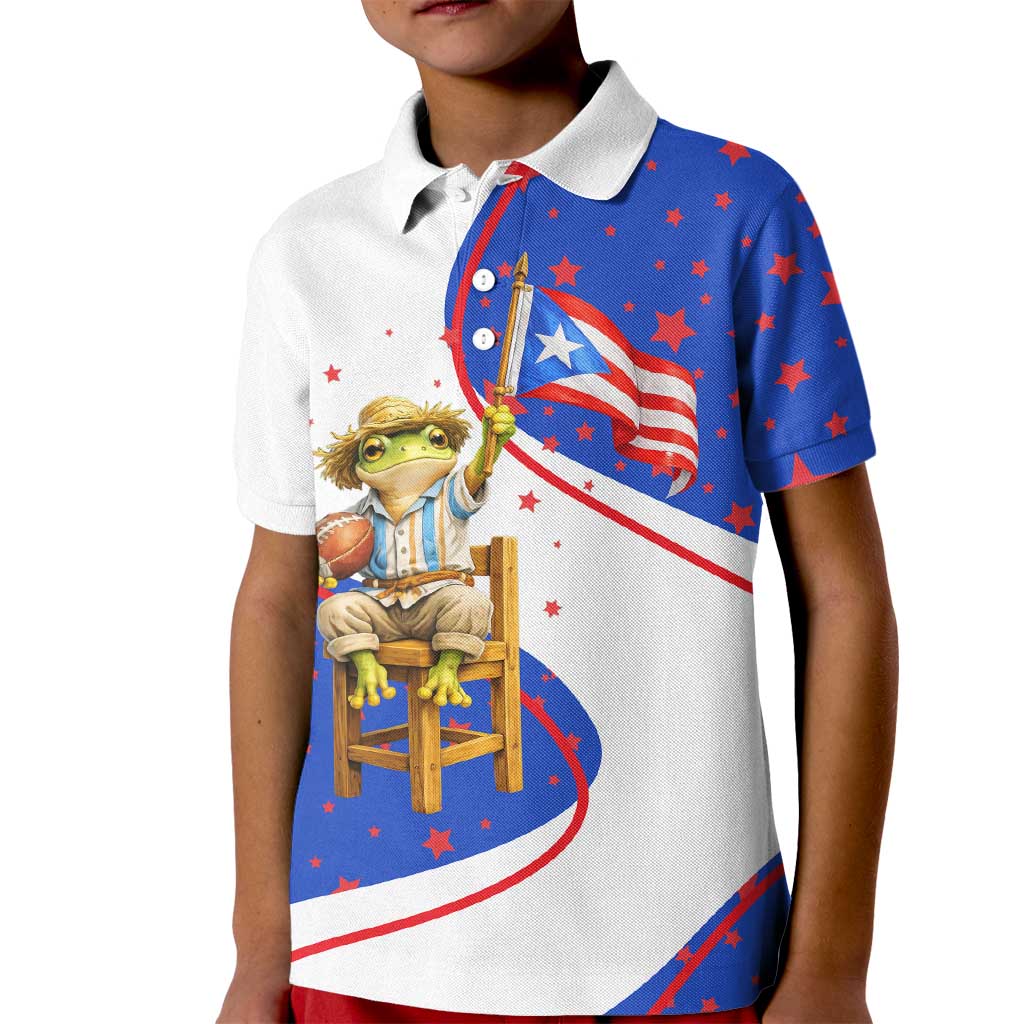 Puerto Rico Coquí Frog Football Fan Kid Polo Shirt Whimsical Cartoon Style with Patriotic Elements