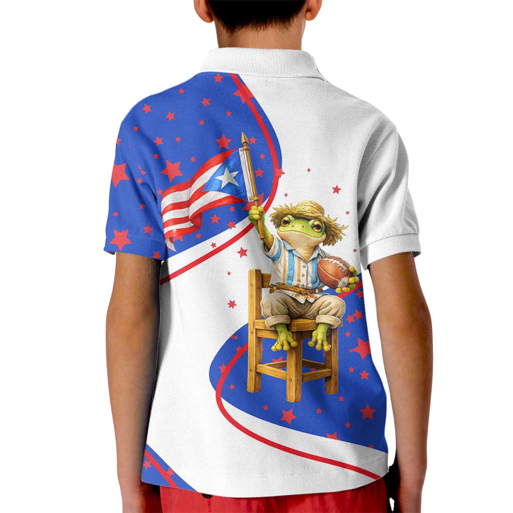 Puerto Rico Coquí Frog Football Fan Kid Polo Shirt Whimsical Cartoon Style with Patriotic Elements