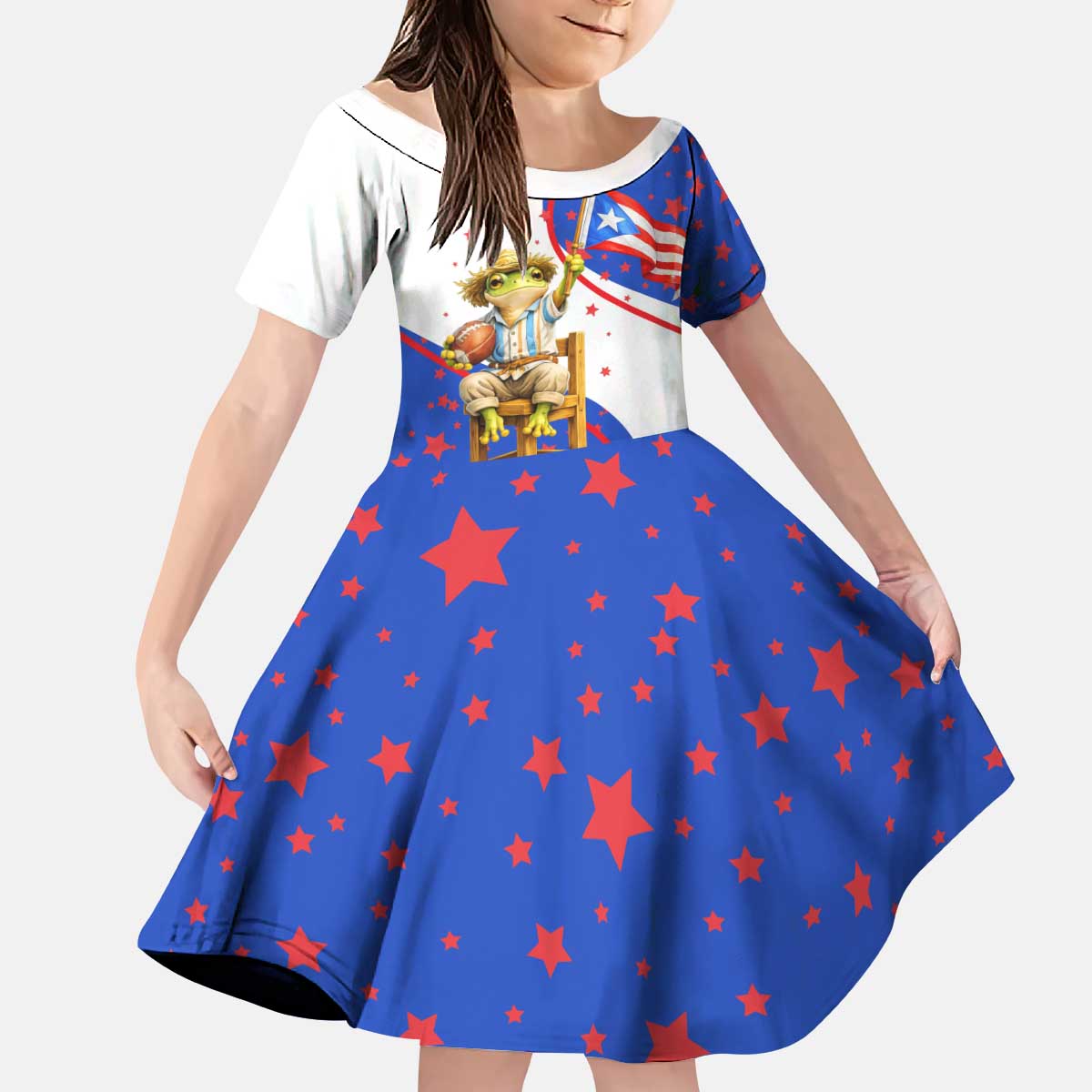 Puerto Rico Coquí Frog Football Fan Kid Short Sleeve Dress Whimsical Cartoon Style with Patriotic Elements