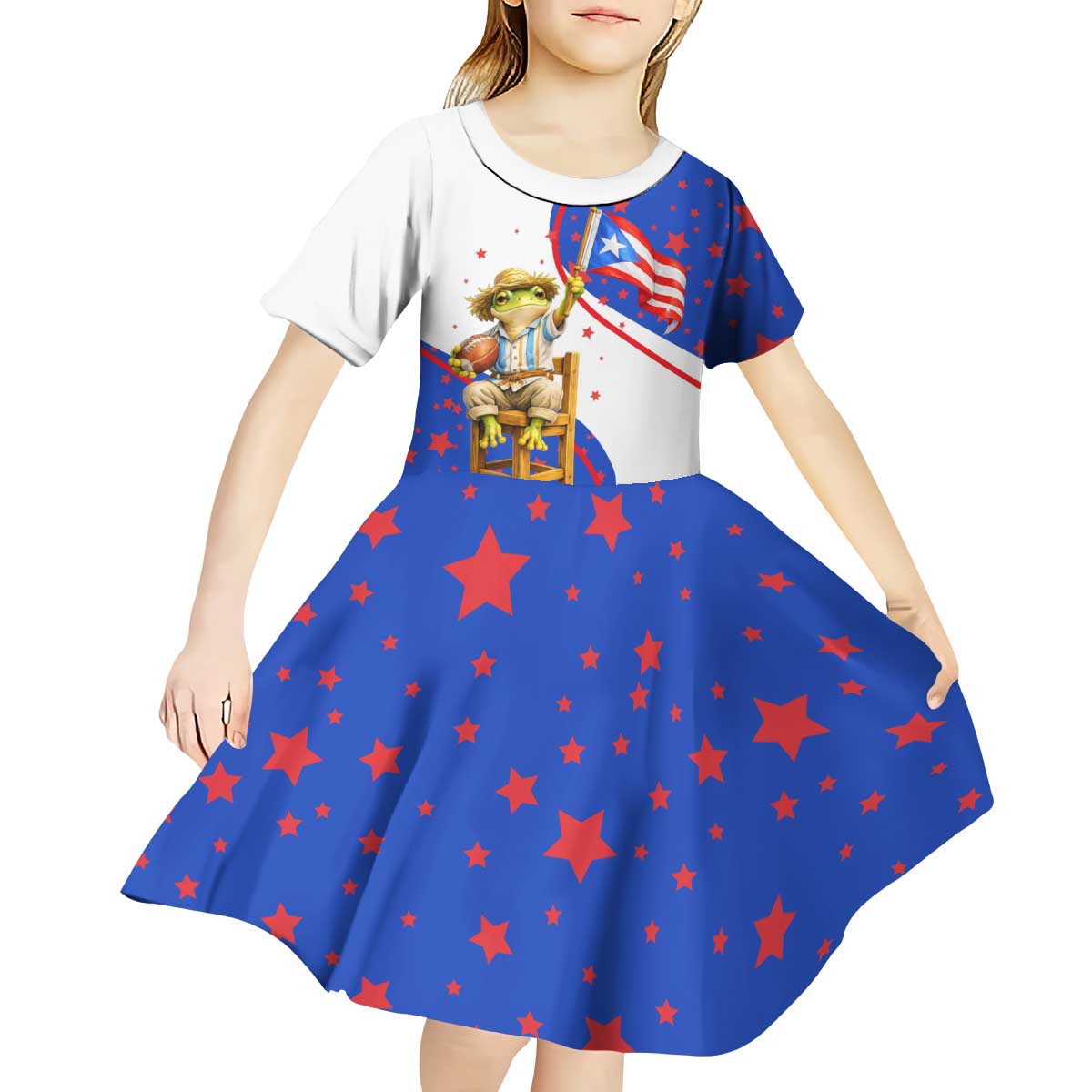 Puerto Rico Coquí Frog Football Fan Kid Short Sleeve Dress Whimsical Cartoon Style with Patriotic Elements