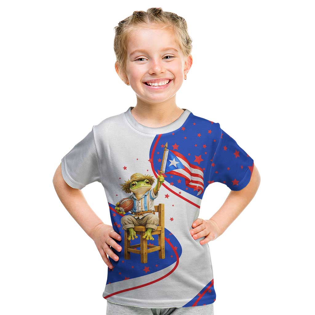 Puerto Rico Coquí Frog Football Fan Kid T Shirt Whimsical Cartoon Style with Patriotic Elements