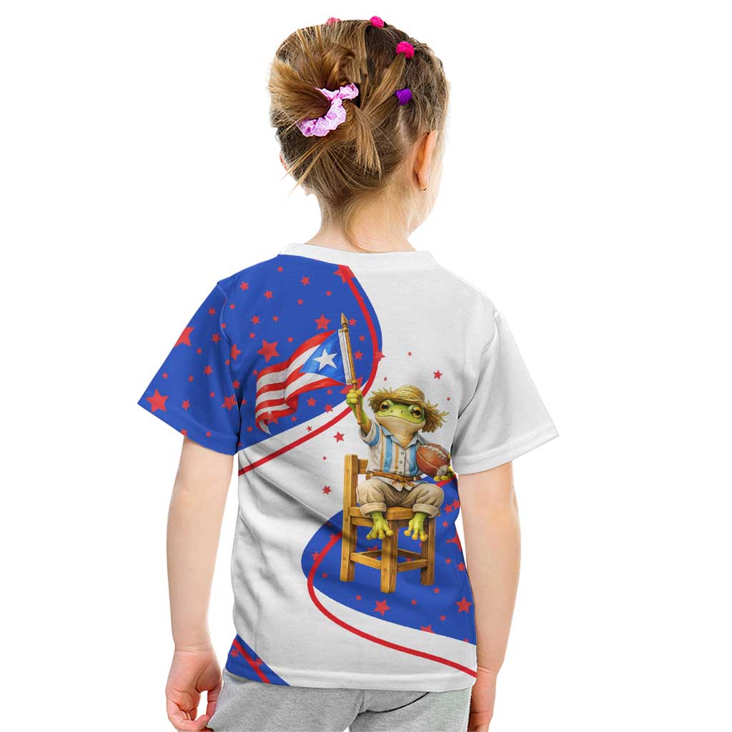 Puerto Rico Coquí Frog Football Fan Kid T Shirt Whimsical Cartoon Style with Patriotic Elements
