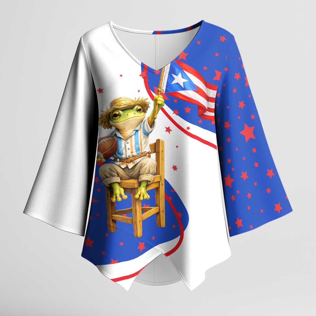 Puerto Rico Coquí Frog Football Fan Kimono Sleeve Blouse Whimsical Cartoon Style with Patriotic Elements