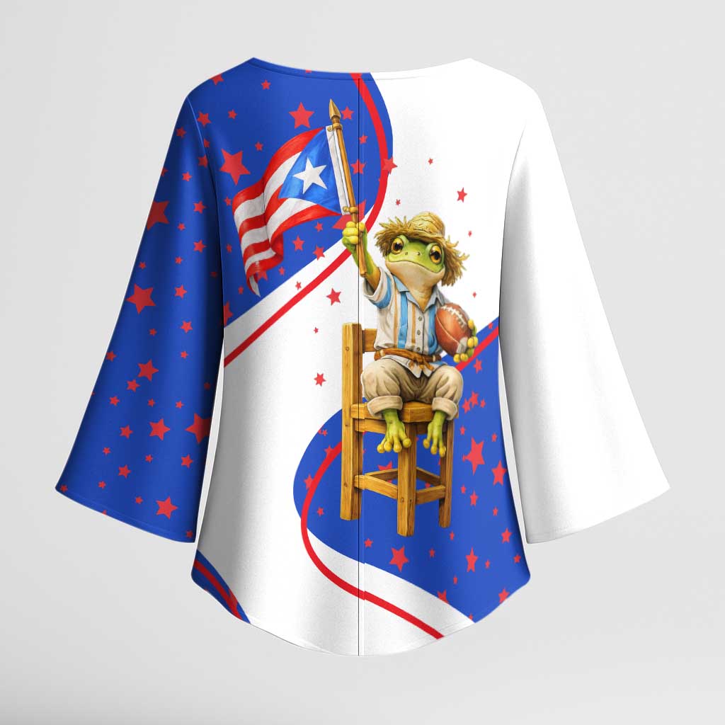 Puerto Rico Coquí Frog Football Fan Kimono Sleeve Blouse Whimsical Cartoon Style with Patriotic Elements