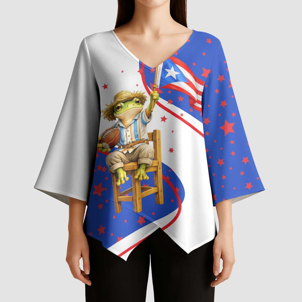 Puerto Rico Coquí Frog Football Fan Kimono Sleeve Blouse Whimsical Cartoon Style with Patriotic Elements