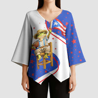 Puerto Rico Coquí Frog Football Fan Kimono Sleeve Blouse Whimsical Cartoon Style with Patriotic Elements
