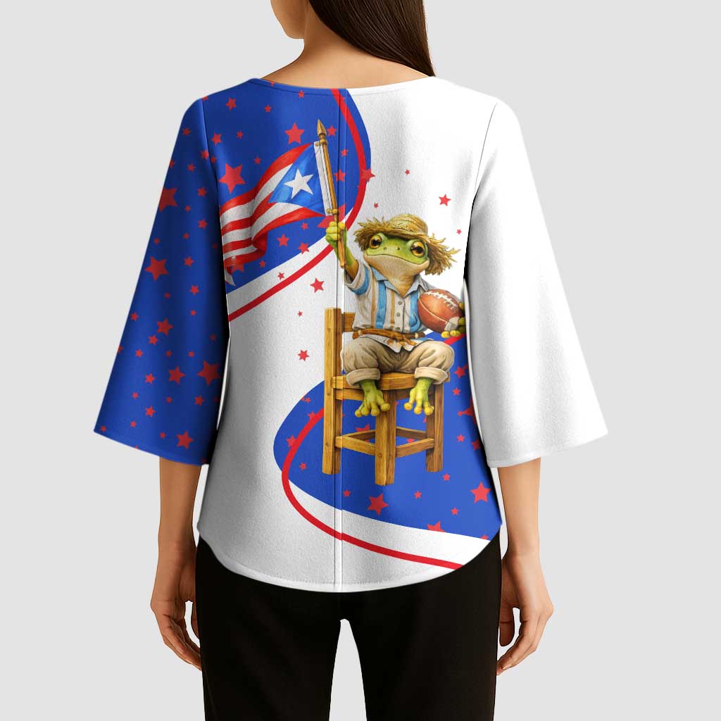 Puerto Rico Coquí Frog Football Fan Kimono Sleeve Blouse Whimsical Cartoon Style with Patriotic Elements