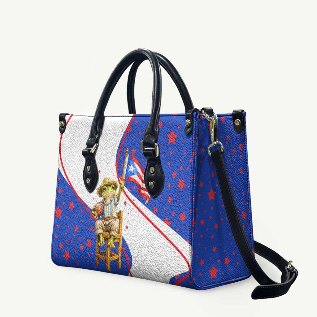 Puerto Rico Coquí Frog Football Fan Leather Bag Whimsical Cartoon Style with Patriotic Elements