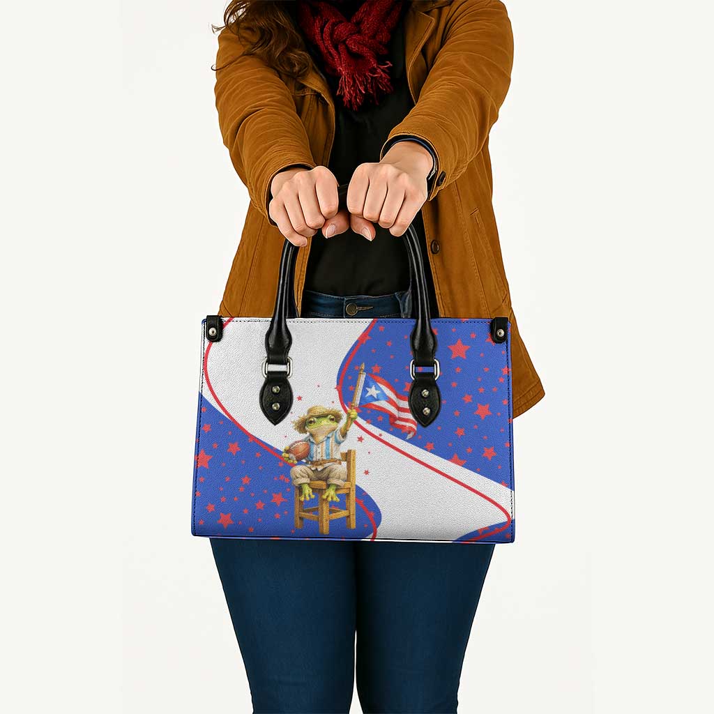 Puerto Rico Coquí Frog Football Fan Leather Bag Whimsical Cartoon Style with Patriotic Elements